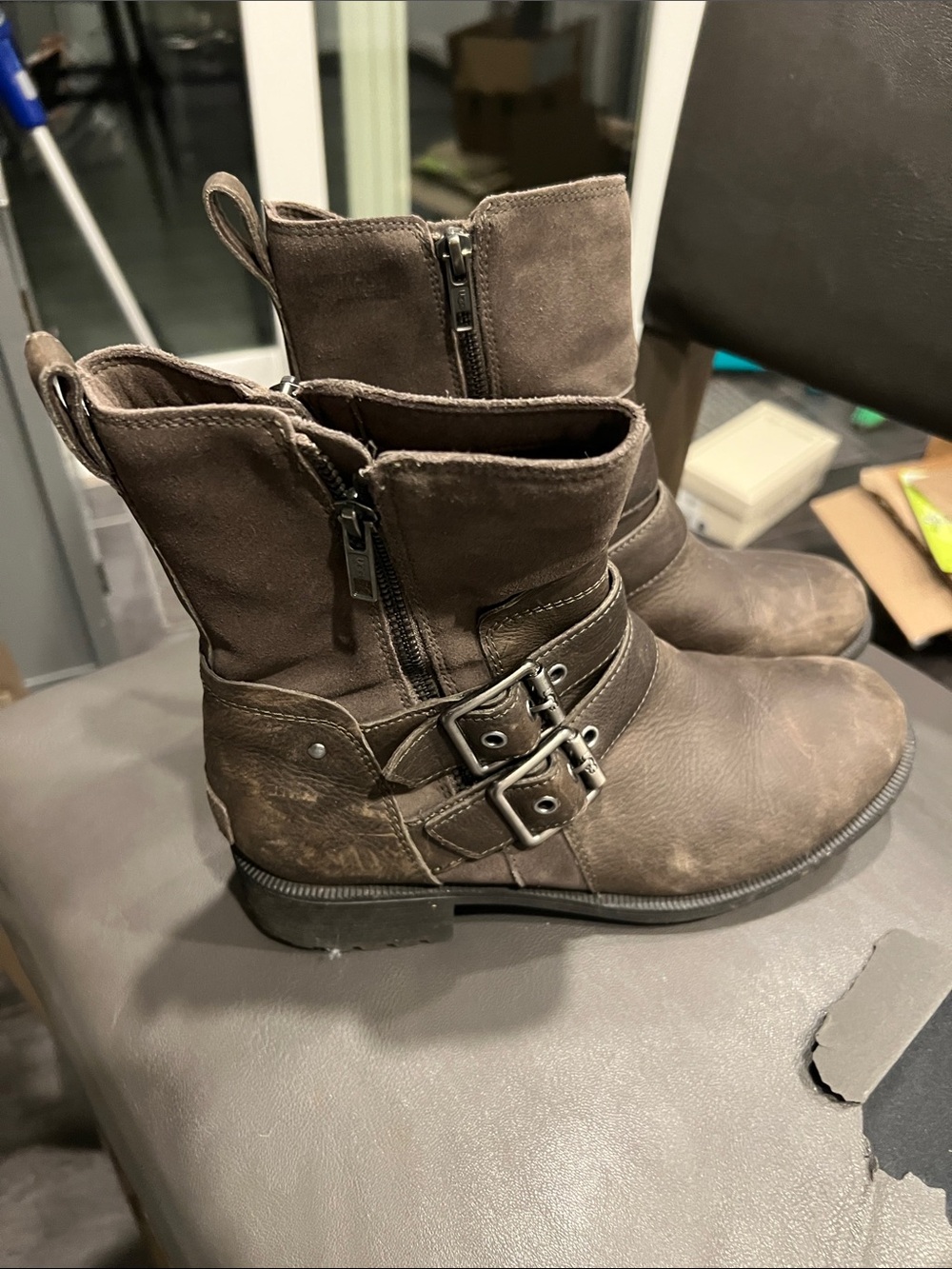 UGG Women's Brown Suede Leather Buckle Combat Boots